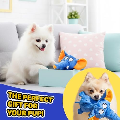 Squeaky Octopus Dog Toy – No Stuffing, Crinkle Sound Plush Chew Toy for Small and Medium Dogs – Durable and Machine Washable – 2 Pack (Blue Elephant)