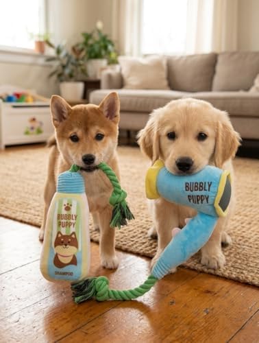 2-Pack Funny Squeaky Dog Toy Bundle - Cute Shampoo Bottle & Hair Dryer Plush Set - Interactive Spa Themed Soft Stuffed Toys for Puppies, Small & Medium Dogs - Dog Enrichment & Gift Set