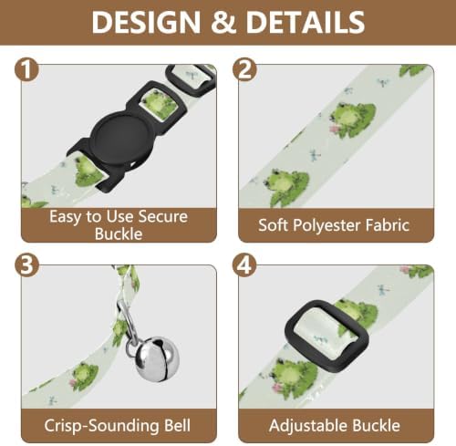 Cute Green Cartoon Frogs Cat Bell Collar 2 Pack Pet Collars Adjustable Length 10.6" to 17.1"