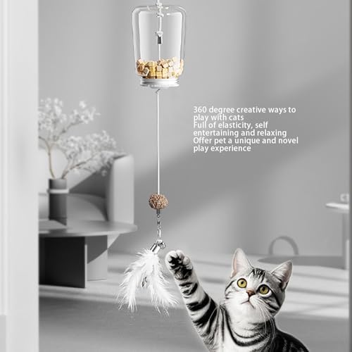 Fockety Interactive Cat Dog Toy, 2 in 1 Teaser Feeder with Retractable Feather and Treat Dispenser, Hanging Cat Toy for Indoor Kitten and Adult Cats Mental Stimulation Play