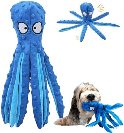 Octopus Dog Toy, No Stuffing Plush Squeaky Crinkle Toy to Keep Dogs Busy, Interactive Chew Toy for Puppies Small Medium Large Dogs, Blue, Tail Town
