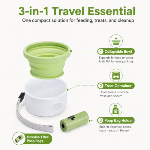3-in-1 Portable Dog Travel Bowl, Foldable Silicone Pet Walking Container with Treat Storage & Poop Bag Dispenser, Comes with 1 Roll of Poop Bags, Ideal for Hiking, Camping, and Travel, Gray Green.