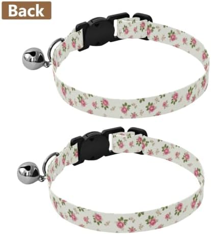 Roses Green Leaf Flowers White Collar with Bell for Dog Puppy 2 Pack Cat Collars Adjustable Length 10.6" to 17.1"