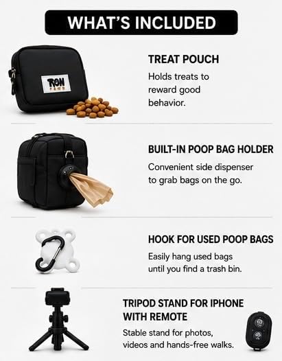 Hands-Free Dog Walking Crossbody for Training, Treat Pouch, Built-in Poop Bag Dispenser, Used Bag Hook & Bonus Tripod (Black)
