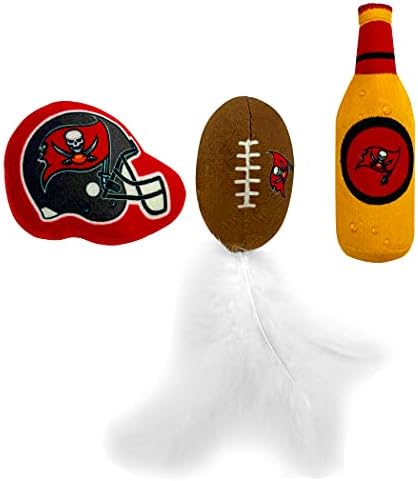 BEST PLUSH CAT TOY - NFL TAMPA BAY BUCCANEERS Complete Set of 3 piece Cat Toys filled with Fresh Catnip. Incld: 1 Helmet Cat Toy, 1 Football Cat Toy with Feathers & 1 Beer Bottle. Beautiful Team LOGOS