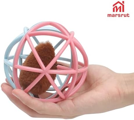 Squeaky Mouse Ball Cat Toy with Simulated Sound, Mouse Ball Cage, Squeky Balls for Cats to Play with Indoor, Plastic Squeak Interactive Funny Toys Best for Playing Chewing Training Chasing (Pink-Blue)