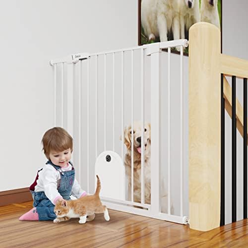 Babelio 36" Tall Baby Gate with Adjustable Cat Door, CatPrivilege I, 29-43" | Auto Close, Safety Gate for Stairs, Easy Walk Thru with Pet Door, Includes 4 Wall Cups and 3 Extension Pieces, White