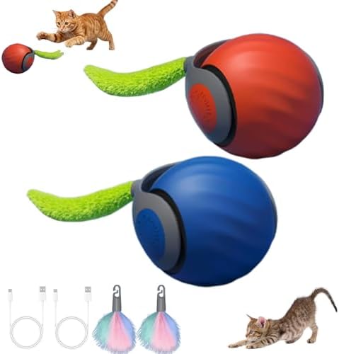 Teazys Cat Toy Turbo Tail 3.0,Interactive Cat Toy Ball, Automatic Cat Toy with Tail, Electric Rolling Ball on Carpet, Cat Enrichment Toys for Small/Medium/Large Cats to Keep Them Busy (2PCS)