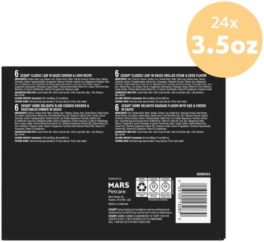 Cesar Breakfast & Dinner Variety Pack Wet Dog Food, 3.5 oz, 24 Count | Real meat #1 ingredient, no fillers, no added sugar or artificial flavors, slow-cooked, easy to digest, easy peel trays