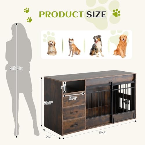 59.8 Inch Large Dog Crate Furniture with 3 Storage Drawers