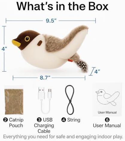 Flying Bird Cat Toy (Not a Flying Toy) – Flappy Bird Cat Toy with Flapping Wings & Chirping Sound, USB Rechargeable Motion-Activated Toy for Indoor Cats