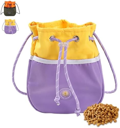 ETIAL Large Capacity Dog Treat Pouch, Waterproof Dog Walking Bag with Shoulder Strap, Built-in Poop Bag Dispenser, Drawstring Closure Dog Food Pouch for Pet Training Walking & Rewarding (Yellow)