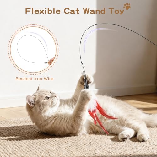 Pawaboo Cat Feather Wand Interactive Toy, 6 Feathers + 1 Wand with Bell
