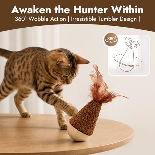 Wooden Wobble Cat Toy for Indoor Kitten, Interactive Tumbler Cat Toy for Small Medium Cats (Brown)