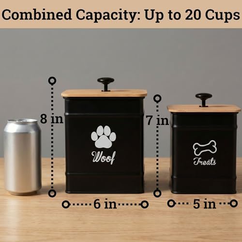 Dog Treat Container Airtight Set of 2 - 8x6 & 7x5 inch Iron Dog Treat Jars for Kitchen Counter with Airtight Bamboo Lids - 20 Cup Capacity Pet Treat Container Set - Doggie Cookie Jar - Treats Canister