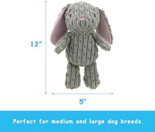 Linzy Bunny Squeaky Plush Dog Toy, Soft Squeaky Chew Toy for Small Medium Large Dogs, Pet Toy for All Breeds to Keep Them Entertained, Teeth Cleaning, Gray, 12-in