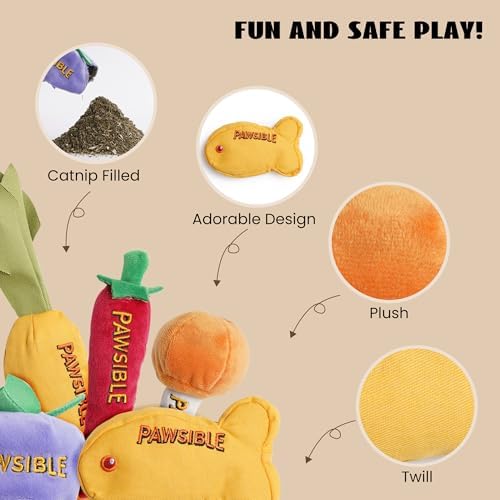 Pawsible 5 Pack Catnip Toys for Indoor Cats - 100% Organic Catnip Filled, No Cotton, Durable Teething Kicker Toys for Kittens, Food-Shaped Plush Chew Toys