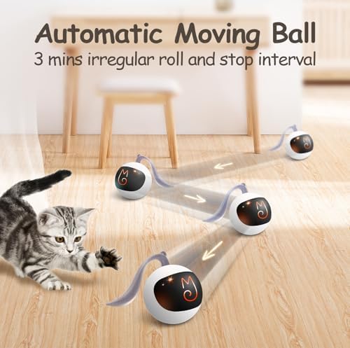 Migipaws Interactive Cat Ball Toy Set, Fun Tracker, Automatic Rolling Chase Ball with Fluffy Tail, A Small Mice, Rechargeable (White)