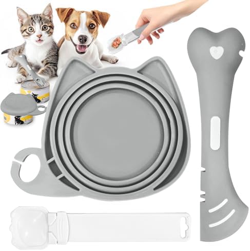 BAEJMJK Silicone Cat &Dog Food Can Cover Lid and Spoon With One Cats Strip Feeder 3Pcs Pet Cat Supplies Set Cute Shape Cats Wet Food Spoon(Opener/Spatula) Universal Can Cover（Grey）
