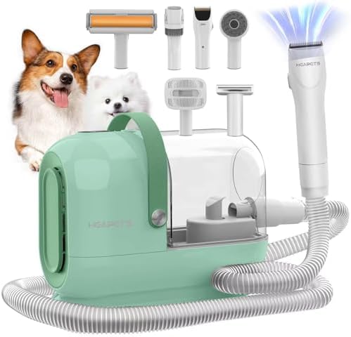 HEAPETS Dog Grooming Vacuum Kit - 3L Vacuum with 7 Tools, Low Noise Electric Clipper and Brush for Pet Shedding at Home, Green