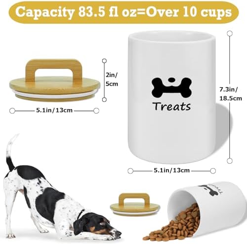 Dog Treat Container Airtight - 5 Inch Wide x 8.7 Inch White Ceramic Dog Treat Jar for Kitchen Counter, Doggie Cookie Jar with Airtight Bamboo Lid - Farmhouse Style Dog Food Storage Container