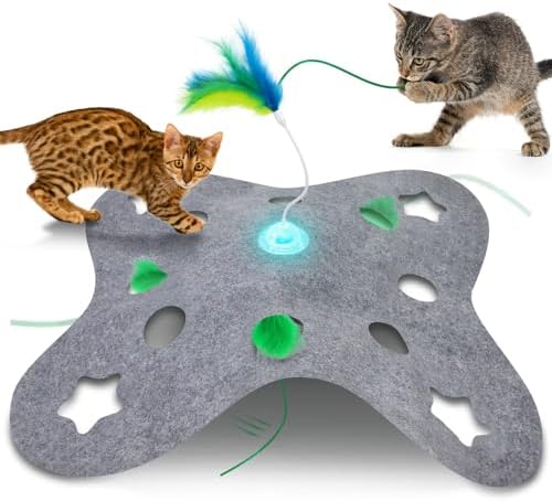 Giociv Interactive Cat Toys for Indoor Cats Exercise Toys Spin Feather Wand Tumbler Base, Touch Activate Mode Peek-A-Boo Felt Cover Toy Rechargeable