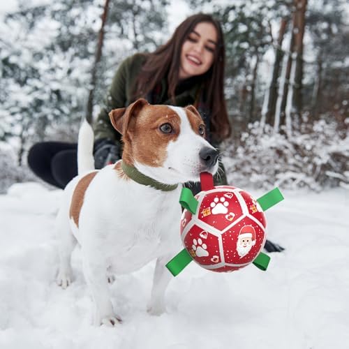 QDAN Small Christmas Dog Toys, Soccer Ball with Straps, Outdoor Interactive Toys for Tug of War, Puppy Birthday Gifts, Water Toy, Durable Dog Balls for Puppy (5 Inch)