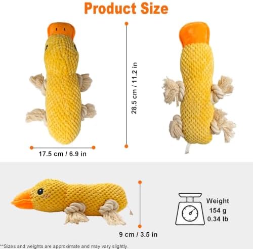 Yellow Duck Plush Chew Dog Toy, 11.2 in, Squeaker and Rope