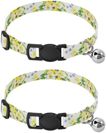 2 Pack Dog Collar Watercolor Flowers Dog Collar with Bell, Adjustable Length 10.6" to 17.1"