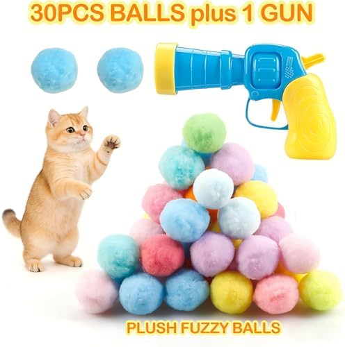 31Pcs Interactive Cat Toys Set, Cat Fetch Toy Gun with 30 Stuffed Plush Balls for Bored Indoor Adult Cats, Kitten Kitty Toys Pet Supplies Accessories, Funny Launcher & Cute Cat Gifts