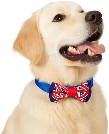 Blueberry Pet 2 Patterns Patriotic Spirits UK Flag Adjustable Bowtie Blue Dog Collar - Handmade Bow Tie w/Jacquard Weave Fabric, Small, Neck 12"-16"