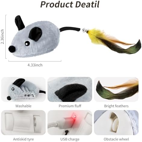Interactive Cat Toys Mouse Rechargeable Auto-Move for Indoor Cat Gray