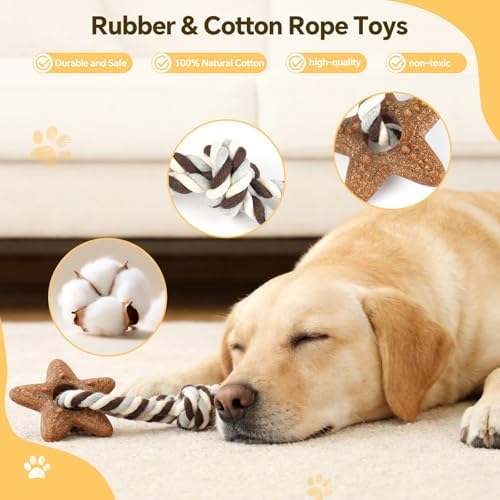 Dog Chew Toys for Aggressive Chewers – Puppies & Adults, Multiple Textures & Rope， ndestructible Tough Durable Interactive Dog Toys， Brown Stars