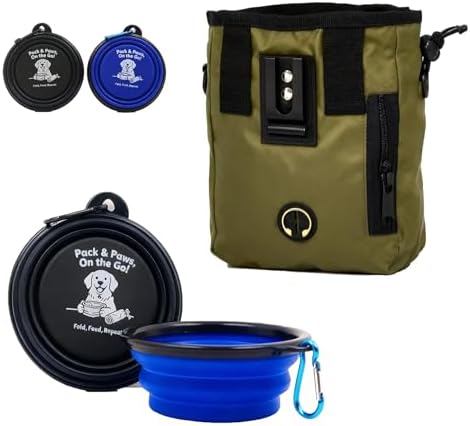 Dog Treat Pouch and Collapsible Bowl Set for Training & Walking - Weatherproof Nylon Treat Bag with Multitasking Storage Pockets, Adjustable Belt & Shoulder Strap Suit for Pet Walking Hiking