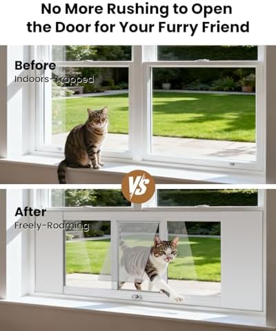 Upgraded Pet Cat Door for Window, Adjustable Width of 23"-34" Window Cat Door Insert, Quick Installation Pet Doors for Cats Small Dog with Aluminum Frame, Tight Seal, Safety & Weatherproof, HD Glass