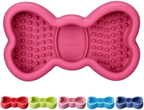 Lick Mat for Dogs, Animire Anti-Spilled Bow Tie Lick Bowls for Anxiety Relief, Silicone Slow Feeder Licking Pad with Suction Cups, Freezeable Dog Enrichment Toy for Boredom and Distraction(Rose,L)