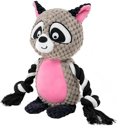 Raccoon Plush Dog Toy with Squeaker, Crinkle Paper & Rope for Small Dogs