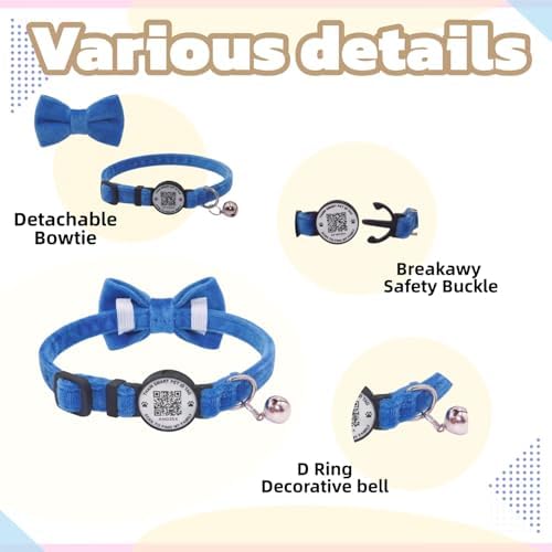 THAIN Personalized Cat Collar with Bell and Bowtie Breakaway QR Code Name Smart ID tag Quick Release Soft Comfortable Collar for Cats and Kittens (Royal Blue)