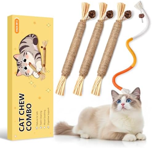 Cat Toys for Indoor Cats, Orange, 3 Pcs Silvervine Sticks & 1 Pc Rope