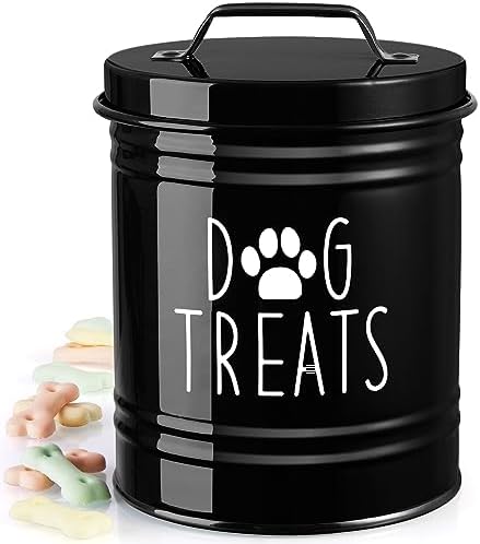 OUTNILI Small Dog Treat Container Airtight - 6" Tall X 4.9" Round Black Dog Treat Jar for Kitchen Counter - Rustic Treat Storage Canister for Dogs, Cats, Small Animals - Gifts for Pet Owners