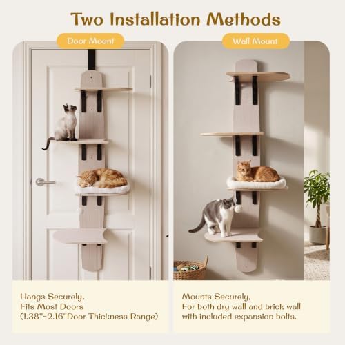 Door Hanging Cat Tree Climber 4-Level Door Mounted Tower with Bed Wood