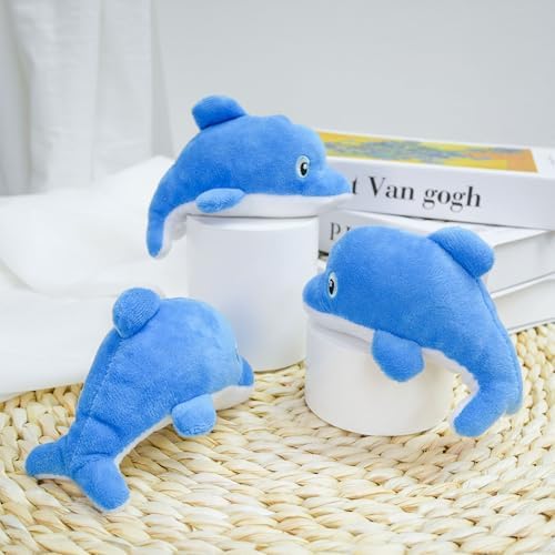 Dog Hide and Seek Toys Puppy Chew Squeaky Toys Plush Mushroom&Bamboo&Shell Hideout Stuffing with Squeakers Animals (3Pcs Squeaky Dolphin Blue)