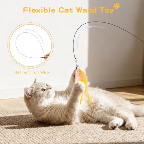 Pawaboo Cat Feather Wand Interactive Toy, 2 Feathers + 1 Wand with Bell