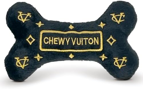 Dog Diggin Designs Chewy Vuiton Noir Plush Dog Toy Bone | Luxury-Inspired Parody Designer Bone with Squeaker, Soft Plush Chew & Play Dog Toy – Prêt-à-Porter Play!