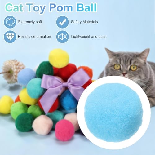 Cat Toy Pom Ball, Interactive Cat Ball Toys Fuzzy Pompoms (Plush, 1.2Inch, 30Pcs, Lake Blue) for Kittens Pet Enrichment Training Play Indoor