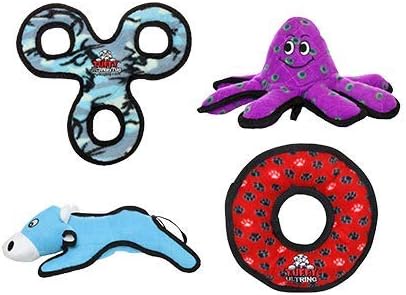 TUFFY® 4 Pack Ring Octopus 3Way Tug Cow Ultra Durable Plush Dog Toys