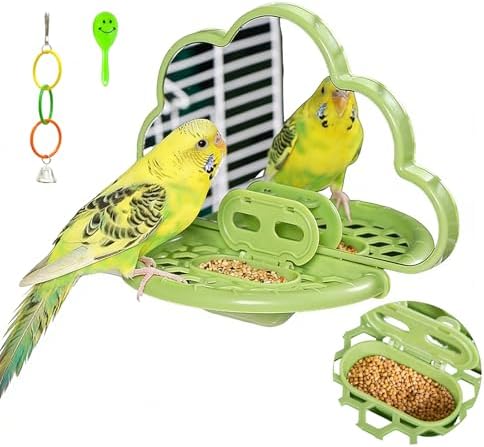 Bird Mirror with Perch Stand & Slow Feeder,Parrot Toys Swing(Green)