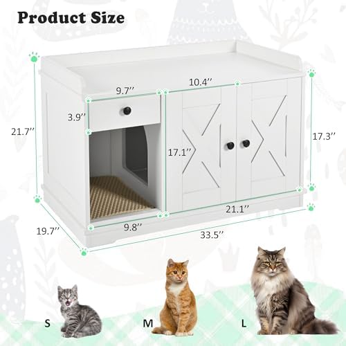 Montary Multi-Use Cat Litter Enclosure Box with Storage Drawer & Cat Litter Mat,Hidden Litter Box Furniture,Farmhouse Style Wooden Pet House Side Cabinet, White