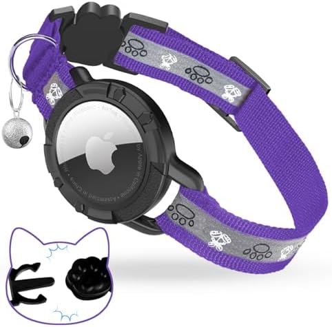 Breakaway AirTag Cat Collar, Reflective Cat Tracker Collar with Bell | Built in AirTag Holder, Adjustable 8.5-12in for Cats, Kittens and Puppies, Safety Elastic Band, Reflective for Night Walking