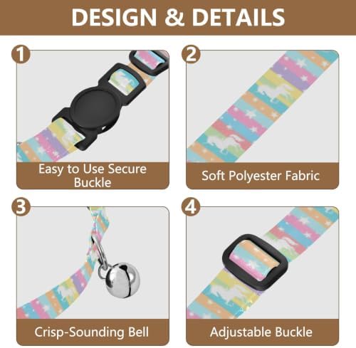 2 Pack Pet Collars Unicorns White Stars Pastel Stripes Dog Bell Collar, Adjustable Length 10.6" to 17.1"
